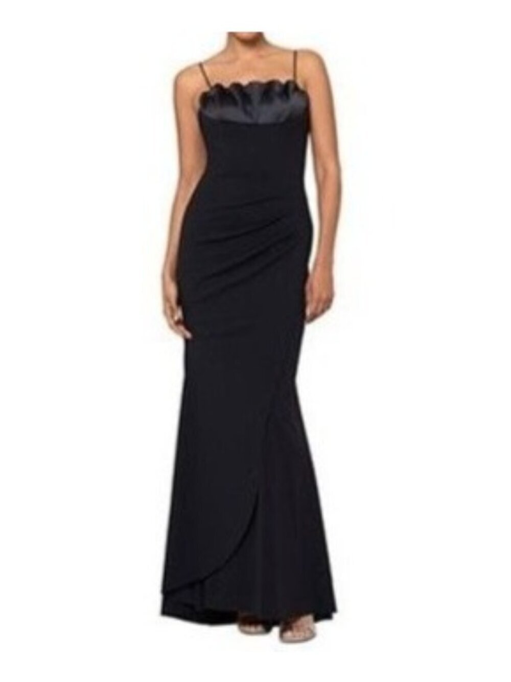 XSCAPE Black Satin Gathered Bust Scuba Crepe Draped Maxi Mermaid Gown Size 12